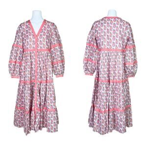NEW Boden | Tiered Pink Floral Button Front Cotton Boho Prairie Midi Dress US 6
